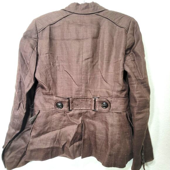 Zara Basic Jacket L Brown Ramie Linen Like Texture Large Blazer Belted Back - Picture 10 of 10